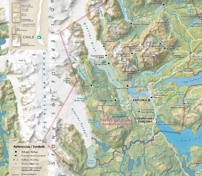 Route map of Explora Torres del Paine, showing lodge location in the Chilean park & surrounding areas of exploration.