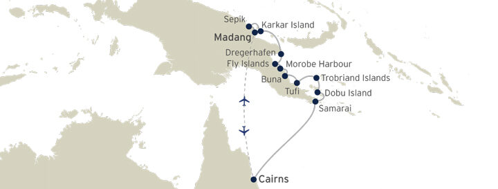 Route map of Frontier Lands of New Guinea cruise, operating between Cairns, Australia & Madang, Papua New Guinea, with visits along the eastern shoreline.