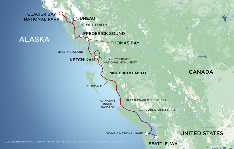 Route map of Glacier Bay National Park with Inside Passage & Olympic National Park cruise between Seattle, Washington & Juneau, Alaska.