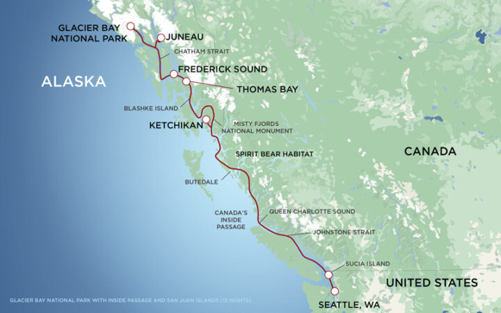 Route map of Glacier Bay National Park with Inside Passage & San Juan Islands cruise between Seattle, Washington & Juneau, Alaska.