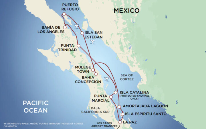 route map of small ship cruise in Baja California showing stops along the way and a path in red