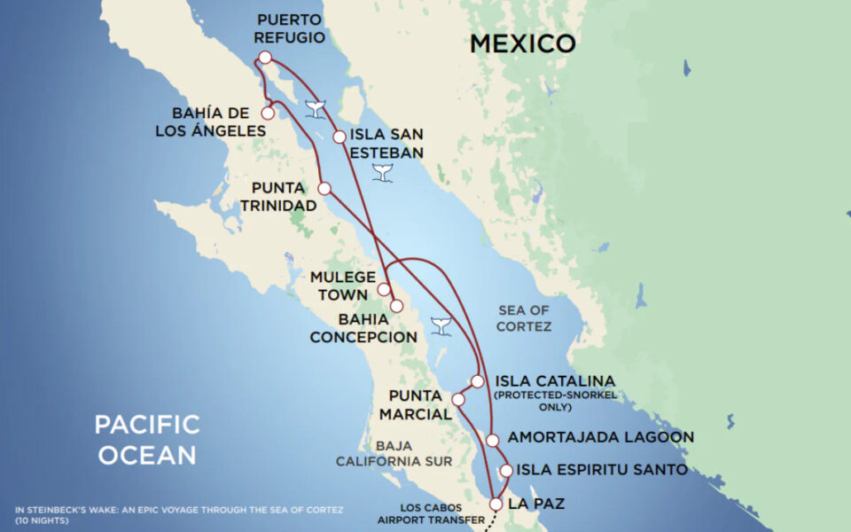 route map of small ship cruise in Baja California showing stops along the way and a path in red