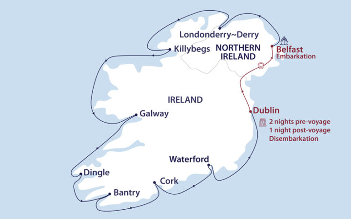 Route map of counterclockwise Ireland: Luck of the Irish circumnavigation cruise from Belfast to Dublin with a transfer to start by land in Dublin.