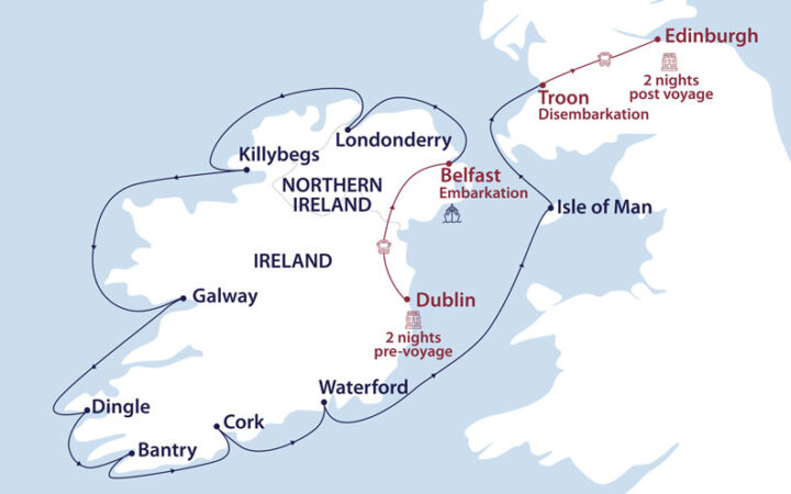 Route map of counterclockwise Ireland & Scotland: Saints, Saviors & Secrets small ship cruise from Dublin, Ireland to Edinburgh, Scotland via the UK's Isle of Man.