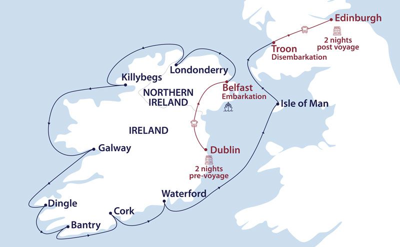 Route map of counterclockwise Ireland & Scotland: Saints, Saviors & Secrets small ship cruise from Dublin, Ireland to Edinburgh, Scotland via the UK's Isle of Man.