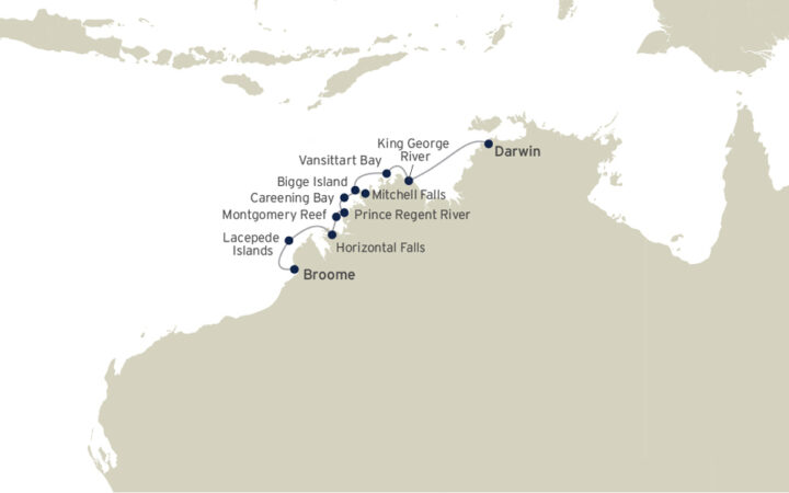 Route map of The Kimberley cruise, operating between Darwin and Broome, Australia, with visits to Lacepede Islands, Horizontal Falls, Doubtful Bay, Raft Point, Montgomery Reef, Prince Regent River, Careening Bay, Prince Frederick Harbor, Bigge Island, Mitchell Falls, Winyalkan, Swift Bay, Vansittart Bay & King George River & Falls.