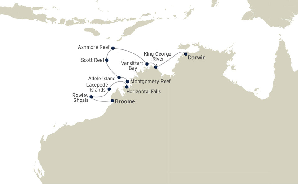 Route map of Kimberley Icons, Ashmore & The Rowley Shoals cruise, operating between Darwin and Broome, Australia, with visits to King George River, Scott Reef, Adele Island, Montgomery Reef, Doubtful Bay, Horizontal Falls & the Lacepede Islands.