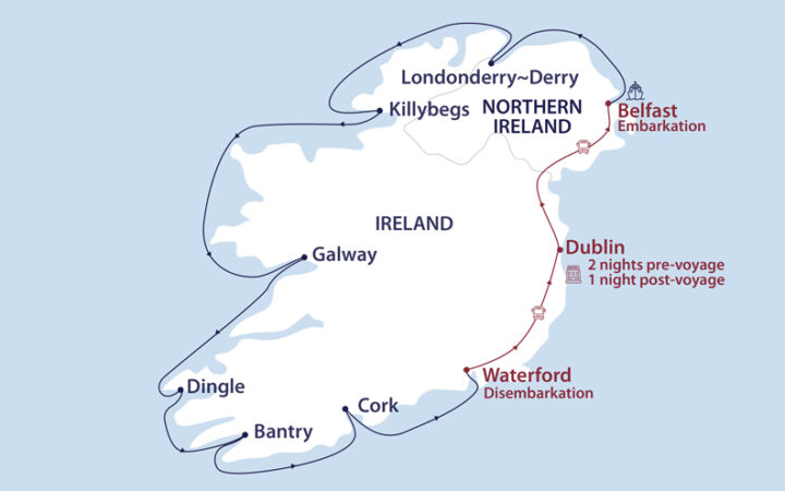 Route map of counterclockwise Ireland: Luck of the Irish circumnavigation cruise from Belfast to Waterford with transfers to start & end in Dublin.