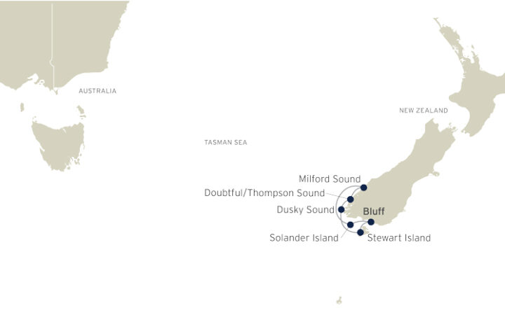 Route map of New Zealand Sounds & Stewart Island small ship cruise, round-trip from Bluff with visits to Stewart Island, Fiordland & Solander Island.