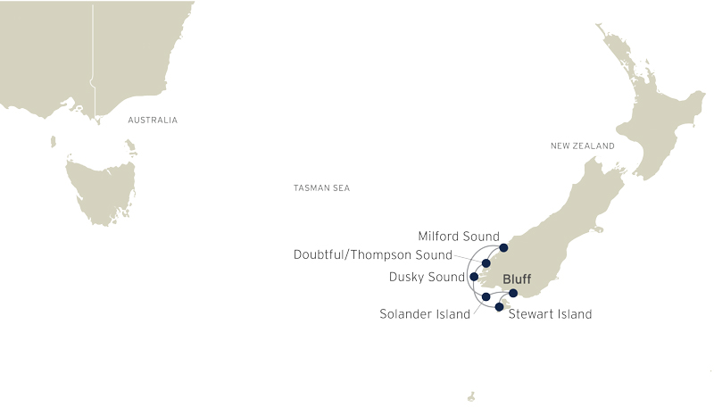 Route map of New Zealand Sounds & Stewart Island small ship cruise, round-trip from Bluff with visits to Stewart Island, Fiordland & Solander Island.