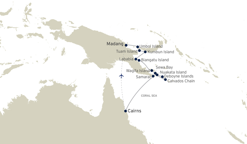 Route map of Papua New Guinea Discoverer cruise, operating between Cairns, Australia & Madang, Papua New Guinea, with visits along the eastern shoreline.