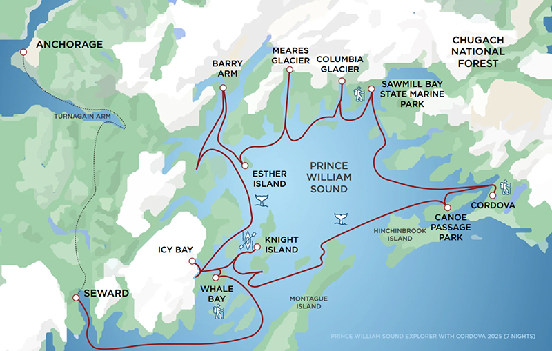 route map of small cruise ship route prince William sound explorer highlighting each stop and sights along the way