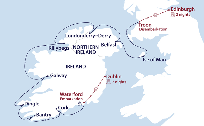 Route map of Ireland & Scotland: Saints, Saviors & Secrets small ship cruise from Dublin, Ireland to Edinburgh, Scotland via the UK's Isle of Man.
