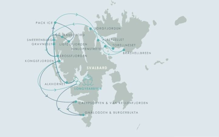 Route map of Svalbard & the Arctic Circle expedition cruise, round-trip from Longyearbyen with possible visits along the west & north shores & pack ice.