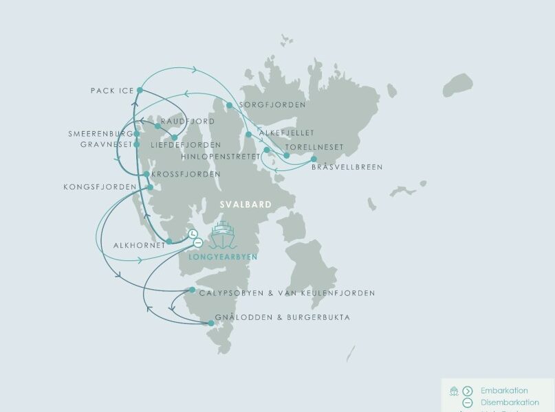 Route map of Svalbard & the Arctic Circle expedition cruise, round-trip from Longyearbyen with possible visits along the west & north shores & pack ice.