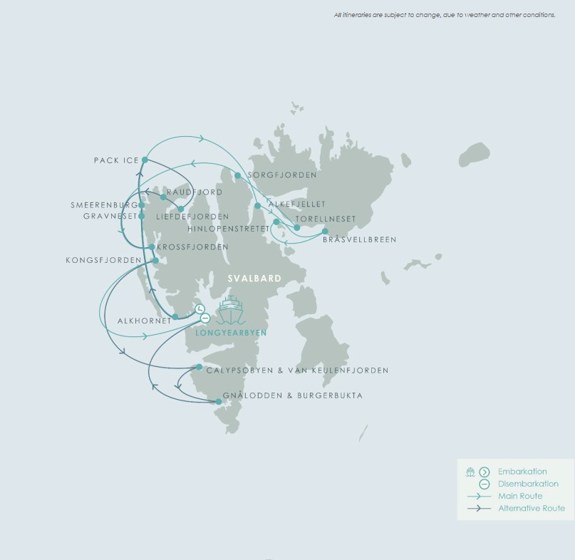 Route map of Svalbard & the Arctic Circle expedition cruise, round-trip from Longyearbyen with possible visits along the west & north shores & pack ice.