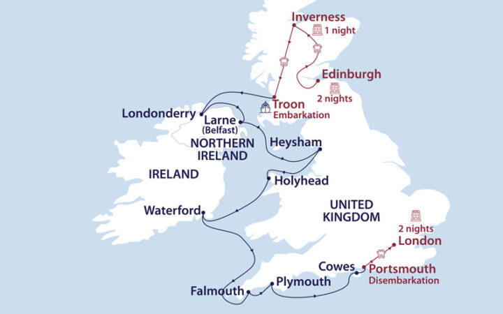 Route map of northbound A United Kingdom: The Crown & the Clans cruise from Troon, Scotland to Portsmouth, England via western Ireland, starting in Edinburgh & ending in London.