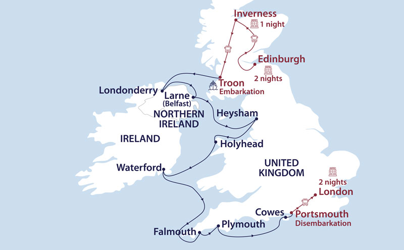 Route map of northbound A United Kingdom: The Crown & the Clans cruise from Troon, Scotland to Portsmouth, England via western Ireland, starting in Edinburgh & ending in London.