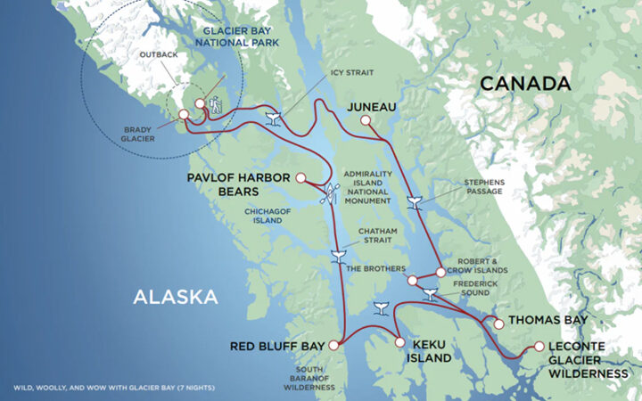 Route map of the Wild Woolly cruise in Southeast Alaska shown with a red line where the ship's path is set to be.