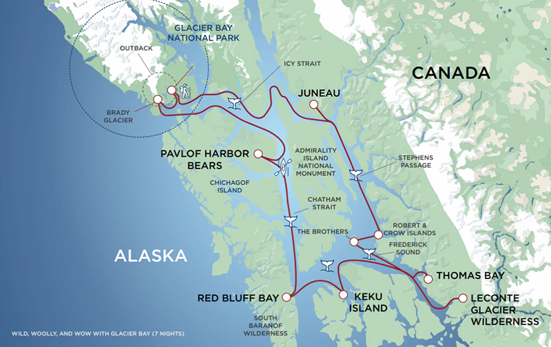 Route map of the Wild Woolly cruise in Southeast Alaska shown with a red line where the ship's path is set to be.
