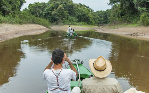 Two male travelers in a skiff follow another skiff on the Amazon River. Seen from their backs one man holds binoculars and the other wears a hat.