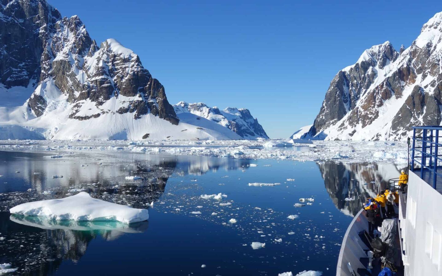 Antarctica Lemaire channel seen on a sunny day in the month of December with ship bow passing through