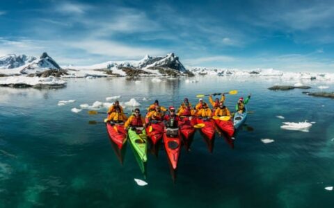 A group of sea kayaks pose in the ocean in front of icebergs in antarctica