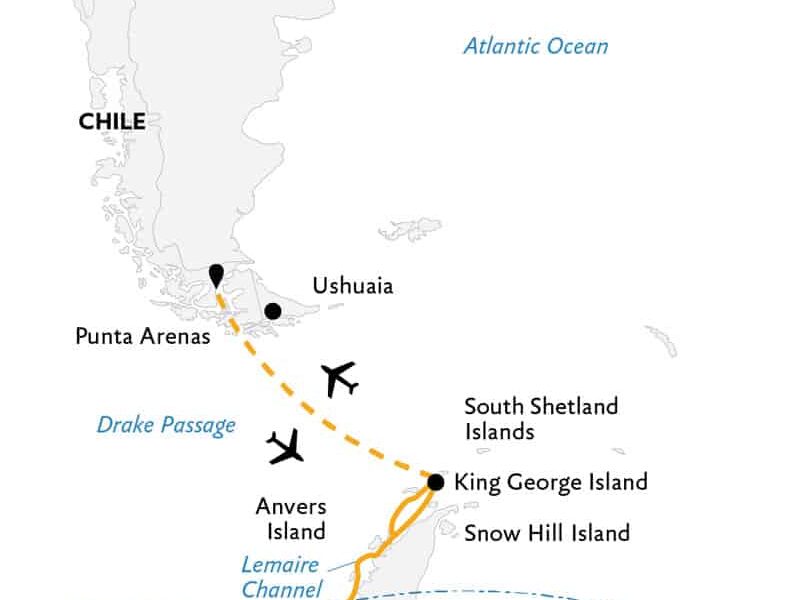 Route map of Crossing the Circle Antarctica small ship air cruise, operating round-trip from Punta Arenas, Chile with a charter flight to King George Island, cruise along the Peninsula & the opportunity to cross the Antarctic Circle.