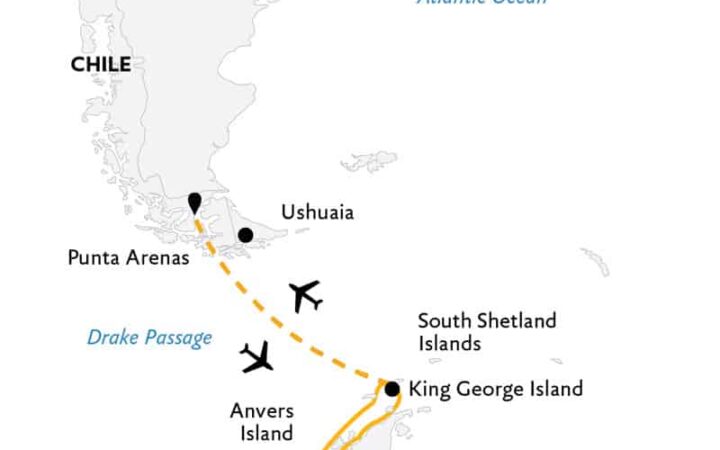 Route map of Antarctic Express: Fly the Drake Antarctica small ship air cruise, operating round-trip from Punta Arenas, Chile, with a charter flight to and from King George Island where guests embark and disembark the vessel to the Peninsula & South Shetland Islands.