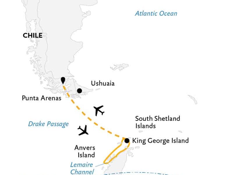 Route map of Antarctic Express: Fly the Drake Antarctica small ship air cruise, operating round-trip from Punta Arenas, Chile, with a charter flight to and from King George Island where guests embark and disembark the vessel to the Peninsula & South Shetland Islands.