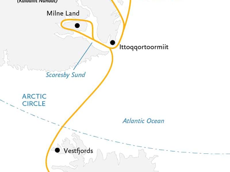 Route map of Under the Northern Lights Arctic small ship expedition, operating round-trip from Reykjavik, Iceland, with stops along the Vestfjords and southeast Greenland's Ittoqqortoormilt, Milne Land & Ella Island.