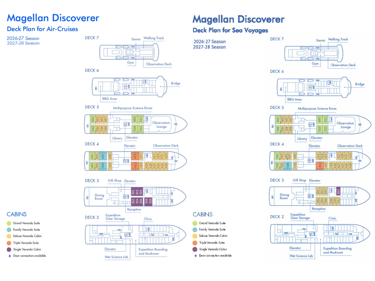 Deck plan for Magellan Discoverer air cruises and sea voyages showing each deck, cabin type for 2026-27 and 2027-28 season