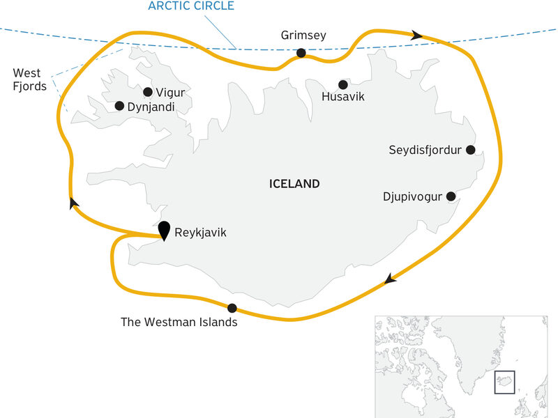 Route map of Iceland Circumnavigation: Helicopters, Glaciers & Volcanoes cruise, round-trip from Reykjavik.