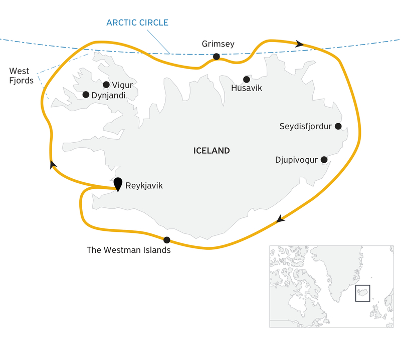 Route map of Iceland Circumnavigation: Helicopters, Glaciers & Volcanoes cruise, round-trip from Reykjavik.