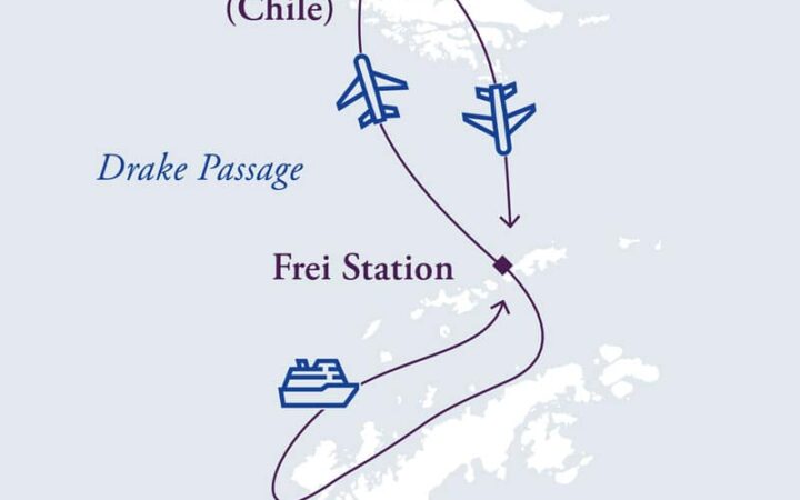 Route map of Antarctica Air Cruise, operating roundtrip from Punta Arenas, Chile, with a flights to and from King George Island and stops along the Antarctic Peninsula.