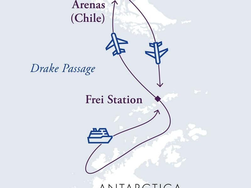 Route map of Antarctica Air Cruise, operating roundtrip from Punta Arenas, Chile, with a flights to and from King George Island and stops along the Antarctic Peninsula.