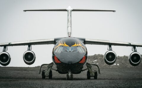 Front of small dark jet with penguin painted face used on Polar Circle Air Cruise.