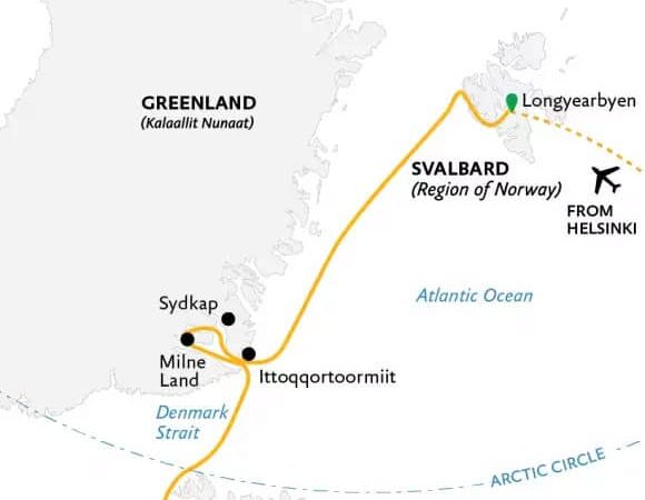 Route map for Three Arctic Islands main itinerary southbound Arctic cruise from Longyearbyen, Svalbard to Reykjavik, Iceland.