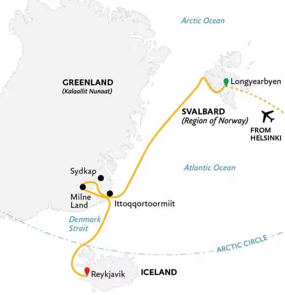 Route map for Three Arctic Islands main itinerary southbound Arctic cruise from Longyearbyen, Svalbard to Reykjavik, Iceland.