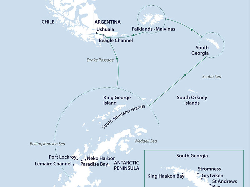 Route map of South Georgia, Falklands & Antarctic Odyssey Cruise reverse route, operating round-trip from Ushuaia, Argentina, counterclockwise.