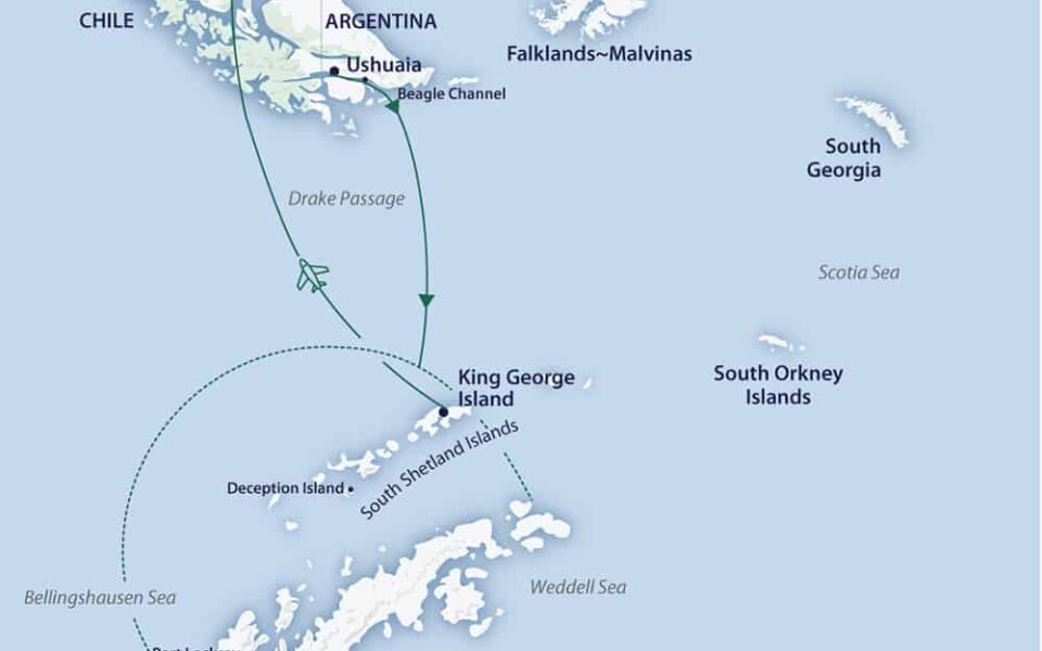 Route map of Cruise/Fly itinerary of Active & Wild Antarctica Air Cruise, operating from Ushuaia, Argentina to Punta Arenas, Chile.