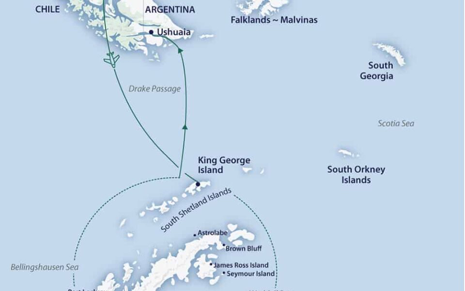 Route map of Fly/Cruise itinerary of Active & Wild Antarctica Air Cruise, operating from Punta Arenas, Chile, to Ushuaia, Argentina.