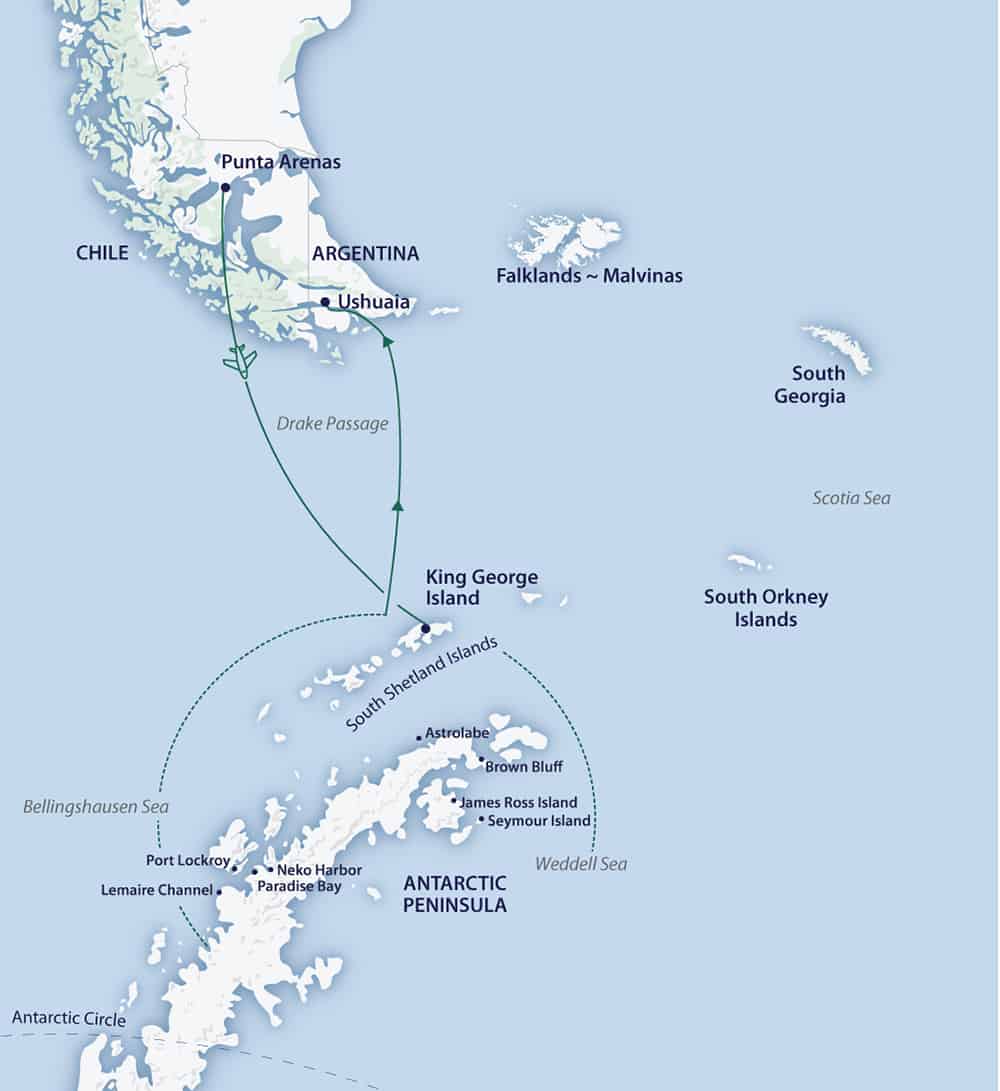 Route map of Fly/Cruise itinerary of Active & Wild Antarctica Air Cruise, operating from Punta Arenas, Chile, to Ushuaia, Argentina.
