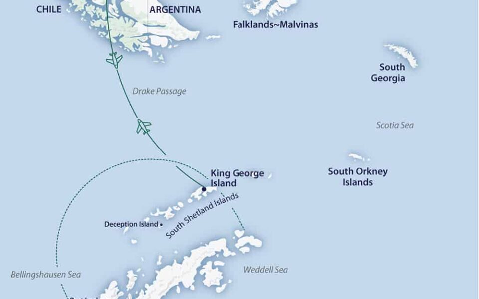 Route map of Fly/Fly itinerary of Active & Wild Antarctica Air Cruise, operating round-trip between Punta Arenas, Chile & King Georgia Island.