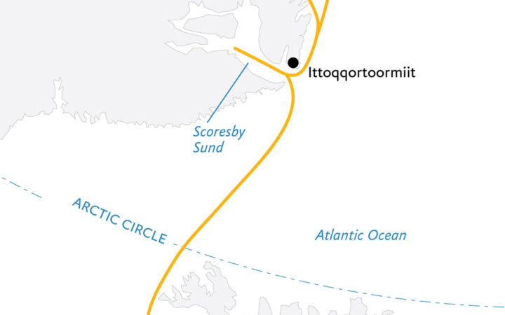 Route map of Under the Northern Lights Arctic small ship expedition, operating round-trip from Reykjavik, Iceland, with stops along southeast Greenland's Ittoqqortoormilt, Milne Land & Ella Island.
