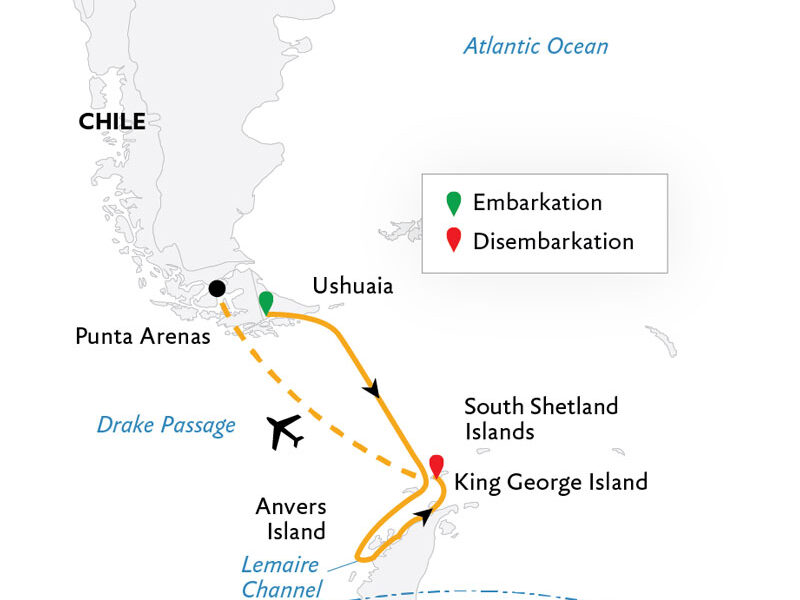 Route map of Antarctic Express: Cruise South, Fly North Antarctica small ship air cruise, cruising from Ushuaia, Argentina to Antarctica & ending with a charter flight to Punta Arenas, Chile.