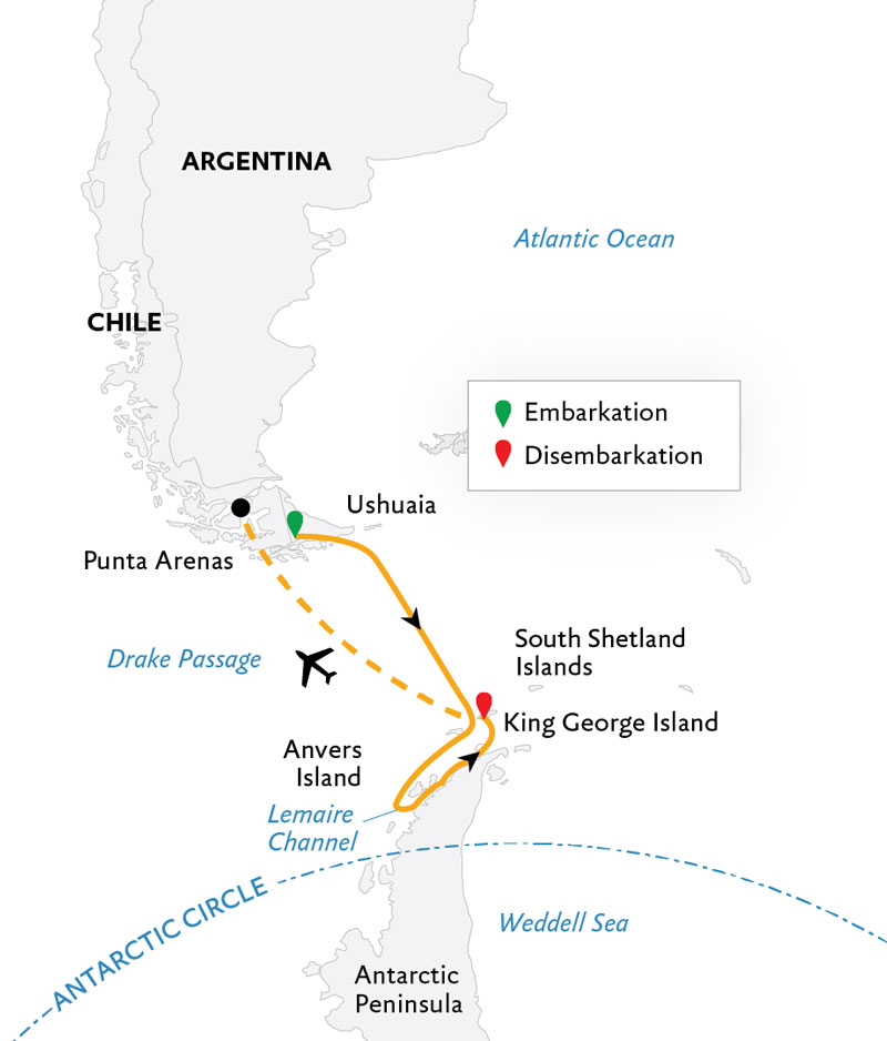 Route map of Antarctic Express: Cruise South, Fly North Antarctica small ship air cruise, cruising from Ushuaia, Argentina to Antarctica & ending with a charter flight to Punta Arenas, Chile.