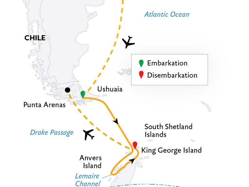 Route map of Antarctic Express: Cruise South, Fly North via Buenos Aires Antarctica small ship air cruise, starting with an overnight in Buenos Aires & charter flight to embark in Ushuaia, cruising to Antarctica & ending with a charter flight to Punta Arenas, Chile.