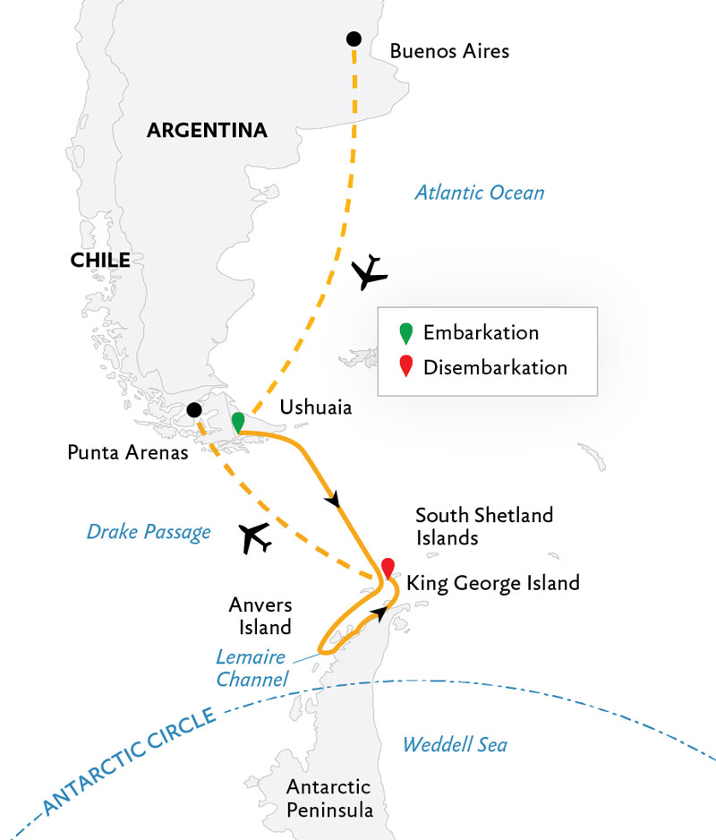 Route map of Antarctic Express: Cruise South, Fly North via Buenos Aires Antarctica small ship air cruise, starting with an overnight in Buenos Aires & charter flight to embark in Ushuaia, cruising to Antarctica & ending with a charter flight to Punta Arenas, Chile.