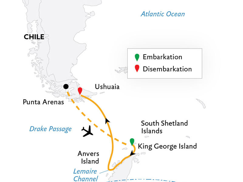 Route map of Antarctic Express: Fly South, Cruise North Antarctica small ship air cruise, flying from Punta Arenas, Chile to Antarctica & ending by cruising to disembark in Ushuaia, Argentina.